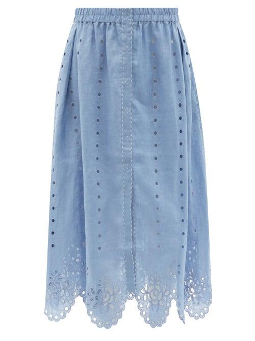 Ladies Rtw Vita Kin - Colette Broderie-anglaise Linen Midi Skirt - Womens - Light Blue
