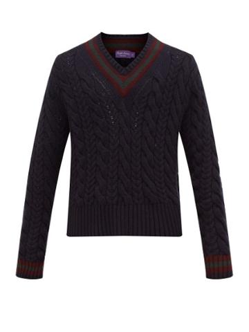 Matchesfashion.com Ralph Lauren Purple Label - Cable Knitted Cashmere Cricket Sweater - Mens - Navy
