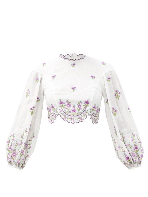 Matchesfashion.com Zimmermann - Poppy Embroidered Linen-poplin Cropped Top - Womens - White Multi