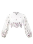 Matchesfashion.com Zimmermann - Poppy Embroidered Linen-poplin Cropped Top - Womens - White Multi