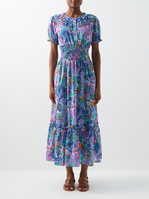 Loretta Caponi - Dalia Buttoned Collared Cotton Dress - Womens - Green Print