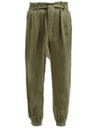 Matchesfashion.com Frame - Paperbag Waist Pleated Linen Blend Trousers - Womens - Green