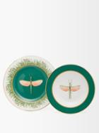 La Doublej - Libellula-print Porcelain Plate Set - Womens - Green Multi