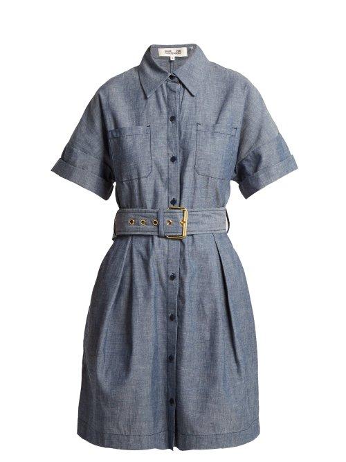 Matchesfashion.com Diane Von Furstenberg - Belted Cotton Chambray Dress - Womens - Blue