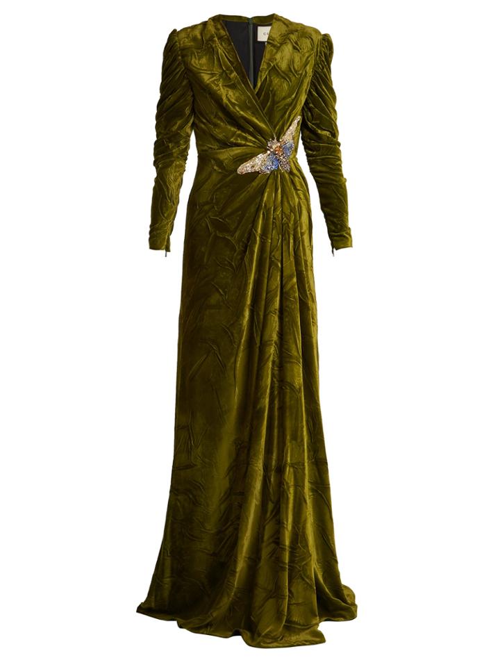 Gucci V-neck Embellished Velvet Gown