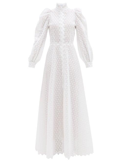 Matchesfashion.com Luisa Beccaria - High-neck Linen-blend Broderie Anglaise Gown - Womens - White