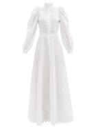 Matchesfashion.com Luisa Beccaria - High-neck Linen-blend Broderie Anglaise Gown - Womens - White