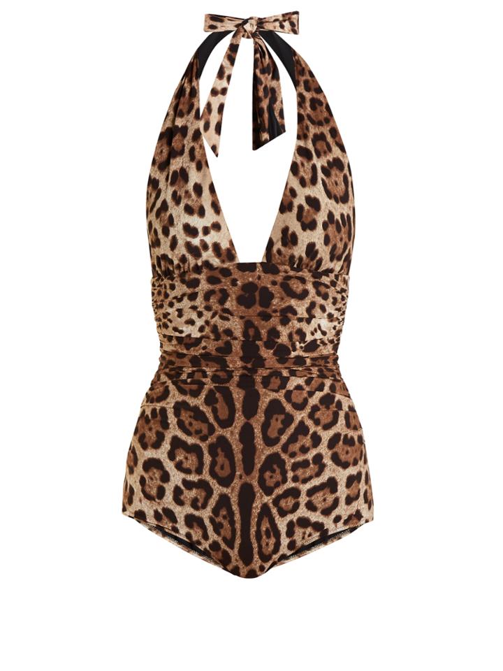 Dolce & Gabbana Leopard-print Ruched Halterneck Swimsuit