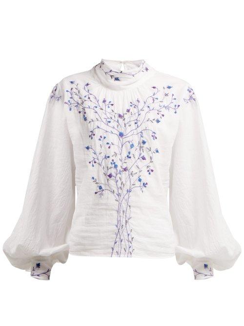 Matchesfashion.com Thierry Colson - Teresa Embroidered High Neck Blouse - Womens - White Navy