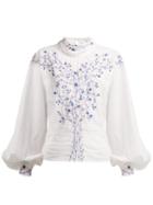 Matchesfashion.com Thierry Colson - Teresa Embroidered High Neck Blouse - Womens - White Navy