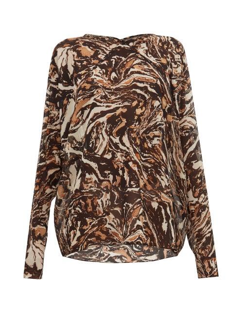 Matchesfashion.com Raey - Raglan Sleeve Marbled Animal Print Silk Top - Womens - Brown Print