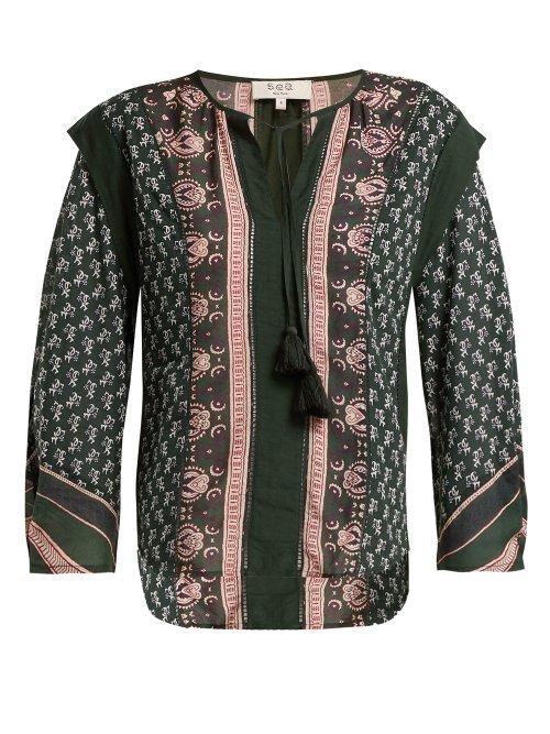 Matchesfashion.com Sea - Mia Border Print Cotton Blend Blouse - Womens - Green Print