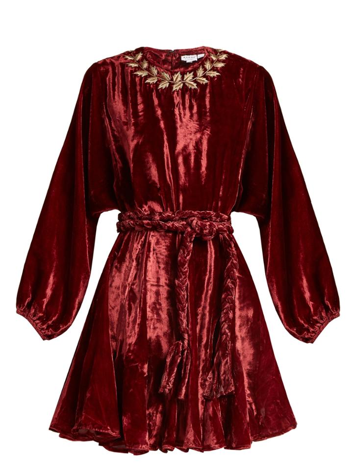 Rhode Resort Ella Tie-waist Embroidered Velvet Dress