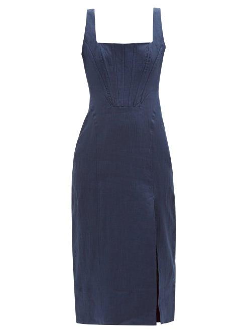 Staud - Rome Square-neck Linen Dress - Womens - Navy