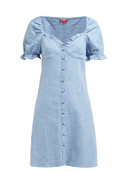 Matchesfashion.com Staud - Sur Linen Blend Mini Dress - Womens - Light Blue