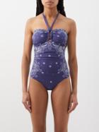 Zimmermann - Paisley-print Halterneck Bandeau Swimsuit - Womens - Navy Print