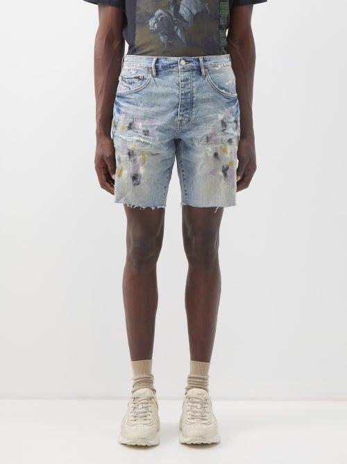 Purple Brand - P020 Splatter-print Distressed Denim Shorts - Mens - Light Blue