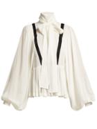 Matchesfashion.com Rochas - Tie Neck Silk Crepe De Chine Blouse - Womens - White Black