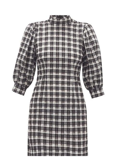 Matchesfashion.com Ganni - Puff-sleeve Cotton-blend Gingham-seersucker Dress - Womens - Black White