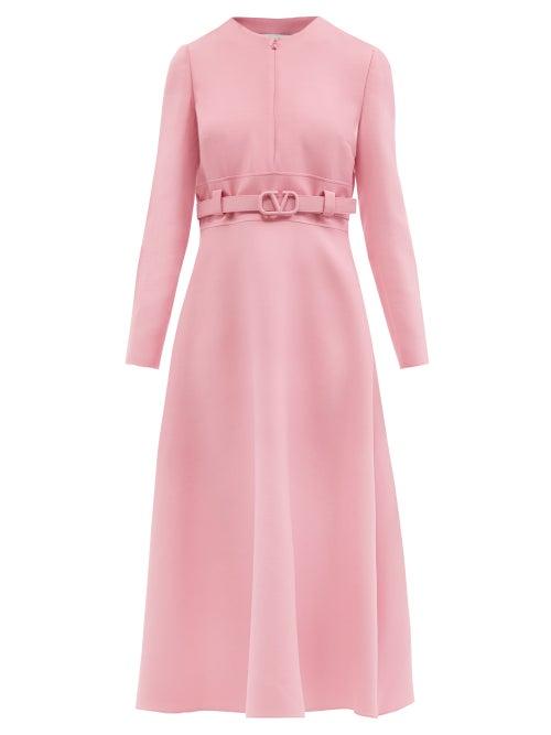Ladies Rtw Valentino - V-logo Belt Wool-blend Crepe Midi Dress - Womens - Pink
