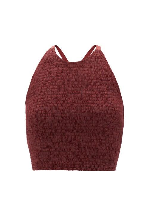 Three Graces London - Agnes Shirred Cotton-blend Poplin Crop Top - Womens - Burgundy
