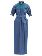 Matchesfashion.com Loretta Caponi - Elena High-neck Smocked Cotton Dress - Womens - Dark Blue