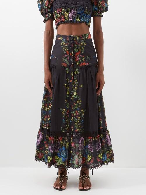 Charo Ruiz - Golny Slit-front Cotton-blend Maxi Skirt - Womens - Black Multi