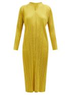Pleats Please Issey Miyake - Notch-neck Technical-pleated Midi Dress - Womens - Mid Yellow