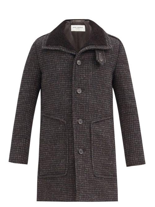 Matchesfashion.com Saint Laurent - Shearling-lined Houndstooth Wool Coat - Mens - Dark Grey