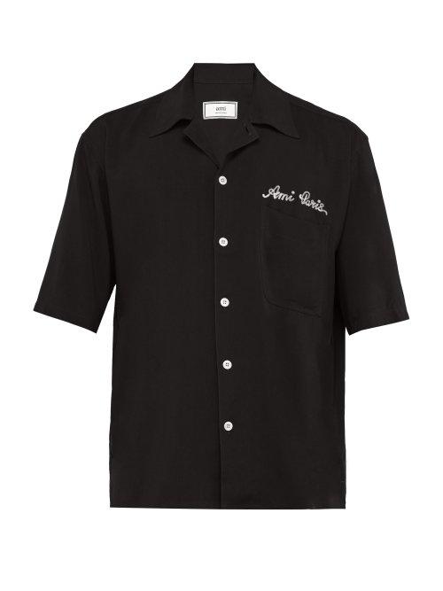 Matchesfashion.com Ami - Logo Embroidered Cuban Collar Poplin Shirt - Mens - Black