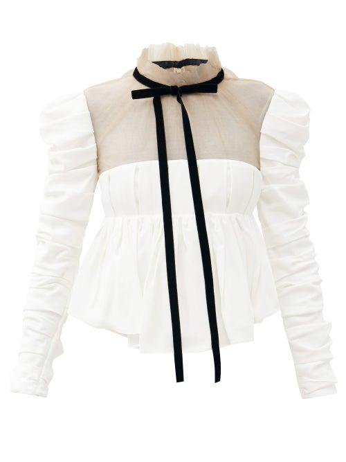 Matchesfashion.com Khaite - Fanny Tulle And Satin-back Crepe Peplum Blouse - Womens - Ivory
