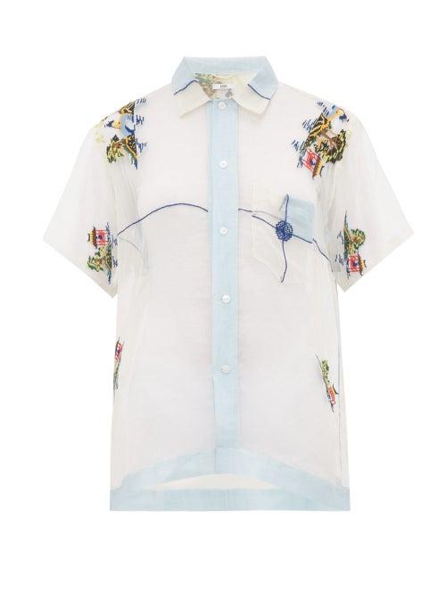 Matchesfashion.com Bode - Pagoda Embridered Sheer Silk Bowling Shirt - Womens - Light Blue