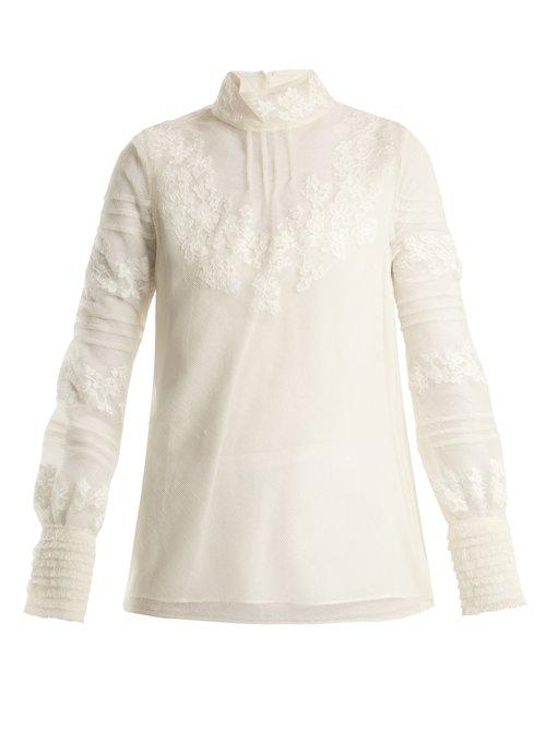 Matchesfashion.com Valentino - High Neck Floral Embroidered Tulle Top - Womens - Ivory