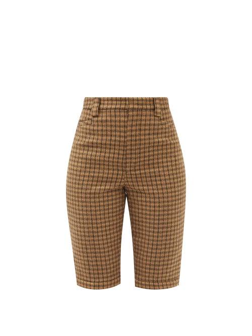 Saint Laurent - Buttoned-cuffs Checked Wool-twill Shorts - Womens - Camel