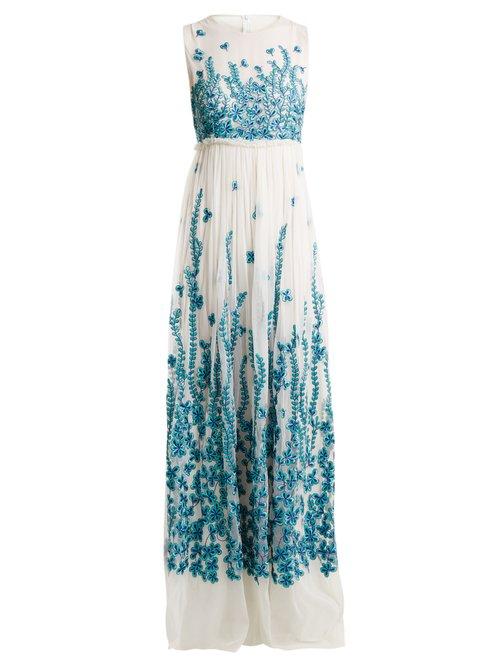 Matchesfashion.com Andrew Gn - Floral Embroidered Tulle Gown - Womens - Blue White