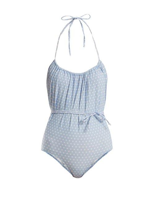 Matchesfashion.com Lisa Marie Fernandez - Charlotte Polka Dot Print Halterneck Swimsuit - Womens - Blue Multi
