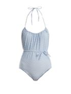 Matchesfashion.com Lisa Marie Fernandez - Charlotte Polka Dot Print Halterneck Swimsuit - Womens - Blue Multi