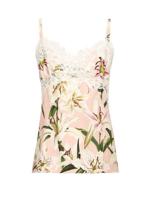 Matchesfashion.com Dolce & Gabbana - Lily Print Lace Trim Silk Charmeuse Cami Top - Womens - Pink Multi