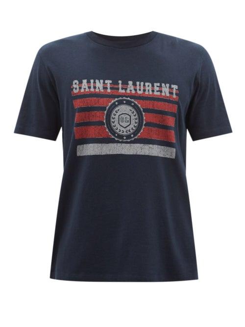 Saint Laurent - Logo-print Cotton-jersey T-shirt - Mens - Navy