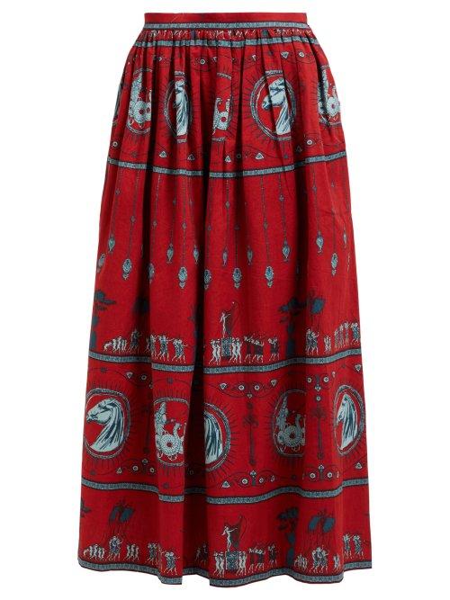 Matchesfashion.com Le Sirenuse, Positano - Jane Diefenbach Print Cotton Midi Skirt - Womens - Red Print