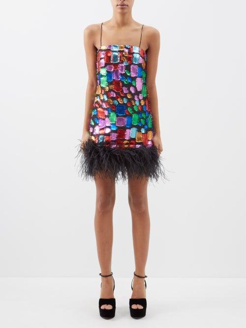 Taller Marmo - Daria Feather-trim Metallic-fil Coup Mini Dress - Womens - Black Multi