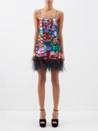 Taller Marmo - Daria Feather-trim Metallic-fil Coup Mini Dress - Womens - Black Multi