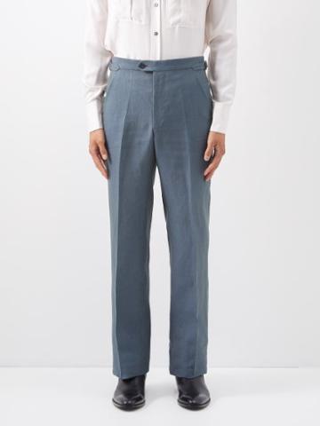Husbands - Pleated Linen Suit Trousers - Mens - Dark Blue