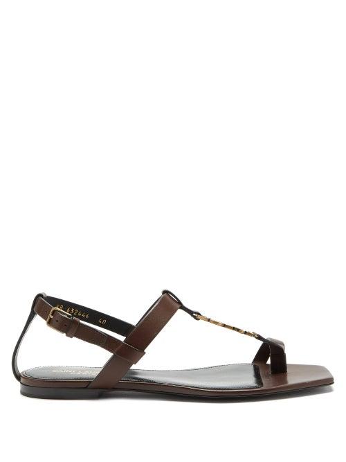 Matchesfashion.com Saint Laurent - Cassandra Ysl-monogram T-bar Leather Sandals - Womens - Dark Brown