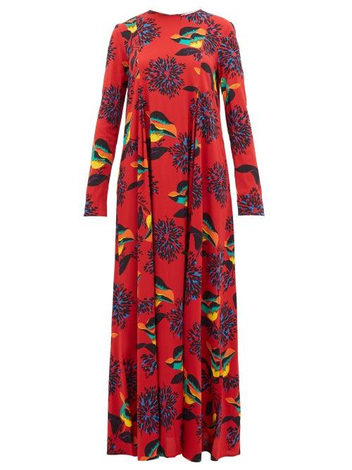 Matchesfashion.com La Doublej - Trapezio Floral Print Crepe Dress - Womens - Red