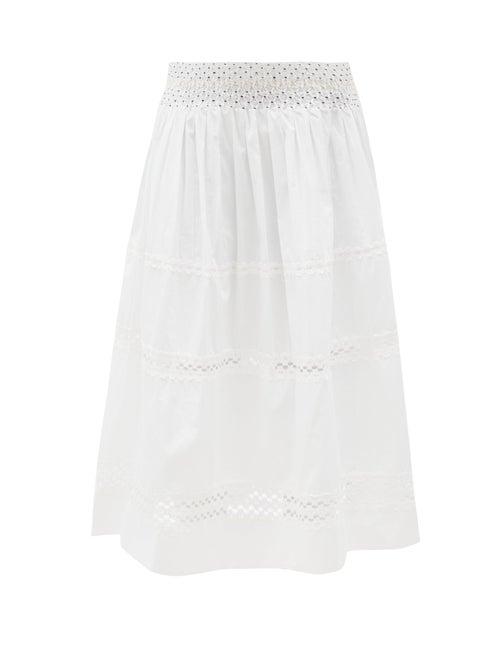 Matchesfashion.com Thierry Colson - Verde Smocked Cotton-voile Midi Skirt - Womens - White/ivory