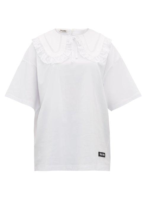 Matchesfashion.com Miu Miu - Lace Trimmed Cotton T Shirt - Womens - White Multi