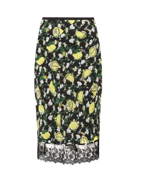 Matchesfashion.com Diane Von Furstenberg - Chrissy Lemon Print Silk Knee Length Skirt - Womens - Black Multi