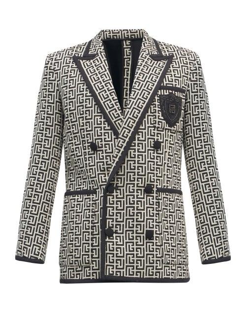 Mens Rtw Balmain - Zardozi-crest Monogram Cotton-hopsack Blazer - Mens - Black White