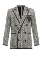 Mens Rtw Balmain - Zardozi-crest Monogram Cotton-hopsack Blazer - Mens - Black White